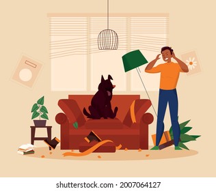 Perro travieso sentado en el sofá después de hacer el lío en la habitación y el enfadado dueño mirándolo como ilustración vectorial plana