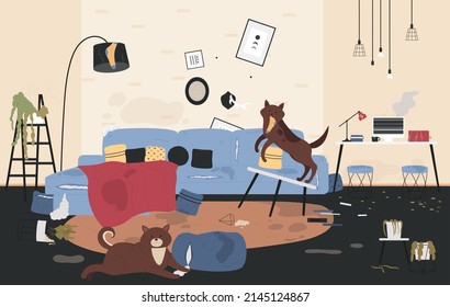 Naughty dogs play in living room together vector illustration. Cartoon mischievous pets jumping with socks, tearing sofa cushion, chaos and mess after dog games background. Behavior disorder concept