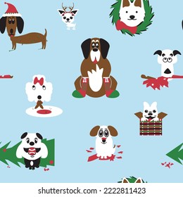 Naughty dogs wrapped in lights, chewing Christmas paper roll, eating the gingerbread man, knocking down the tree. Hound dog, Chihuahua, Husky, St. Bernard, Frech bulldog, Bulldog, and Beagle vector.