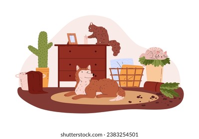 Naughty domestic animals make a mess, flat vector illustration isolated on white background. Pets training and guidance, tips to handle naughty dogs and cats.