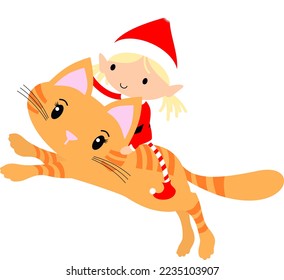Naughty Elf riding on a Cat at Christmas. Cute cartoon holiday elves vector illustration.