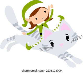 Naughty Elf riding on a Cat at Christmas. Cute cartoon holiday elves vector illustration.