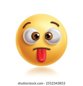 Travieso emoji Clipart 3d personaje. Emoji carácter amarillo en alegre, divertido, tonto, loco, humor y expresión facial tonta con ojos grandes y elemento gráfico de la lengua. Ilustración vectorial travieso emoticono