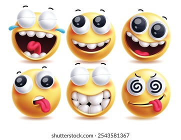 Travieso emoji Clipart Vector conjunto de personajes. Emojis con carcajadas, lindas sonrisas, cansadas, divertidas y mareadas expresiones faciales Clip amarillo personaje de arte en fondo blanco. Ilustración vectorial traviesa 