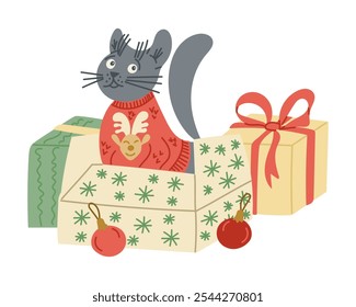 Naughty funny vector cat with Christmas gift boxes and ornaments illustration. Flat design for Christmas decoration and stickers. Childish holiday illustration isolated on white background