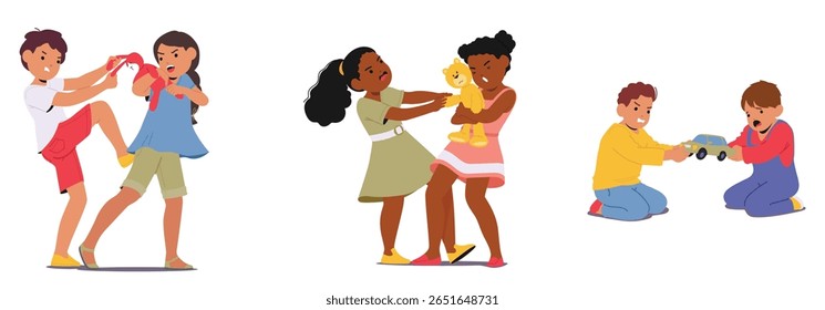 Naughty furious unfriendly kids cartoon characters quarreling fighting and struggling for toys set isolated on white. Preschool children aggressive behavior, rudeness and mischief vector illustration