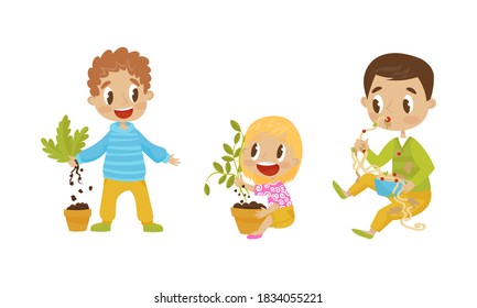 Naughty Girl and Boy Eating Noodle with Hands and Uprooting Plants Vector Illustration Set