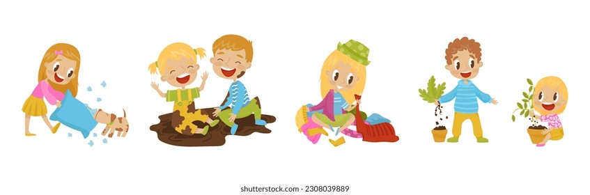 Naughty Girl and Boy Sitting in Mud and Picking Houseplant from Pot Vector Illustration Set