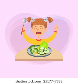 Niña traviesa llorando y rechazando la comida saludable. Ilustración vectorial de dibujos animados. Niño sentado en la mesa y rechazando comer verduras. Comida, salud, dieta, concepto de capricho para el Anuncio y el Diseño web