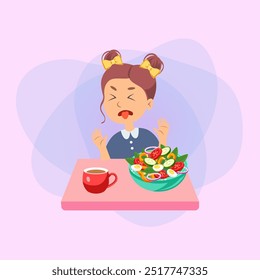 Naughty girl refusing healthy food. Cartoon vector illustration. Child sitting at table and rejecting eating vegetables. Food, health, diet, caprice concept for banner and web design