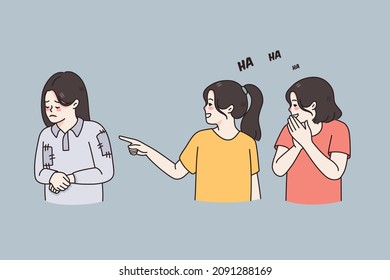 Naughty girls laugh at poor mate. Children offending bullying needy low-income classmate point with finger. School discrimination. Cruel rude kids behavior and aggression. Vector illustration. 