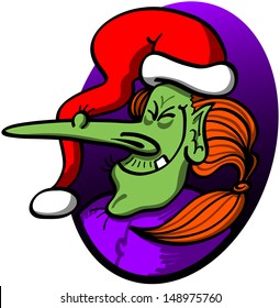Naughty green witch with big nose and one single tooth wearing a red Santa hat while clenching her eyes and smiling maliciously