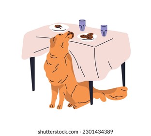 Naughty hungry dog stealing food from table. Mischievous doggy taking, eating, biting cookies. Bad unwanted canine animal behavior at kitchen. Flat vector illustration isolated on white background