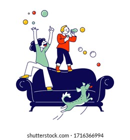 Naughty Hyperactive Children Characters Little Girl And Boy Playing At Home, Blow Soap Bubbles And Jumping On Sofa Making Mess In Room. Kids And Dog Fooling Game. Linear People Vector Illustration