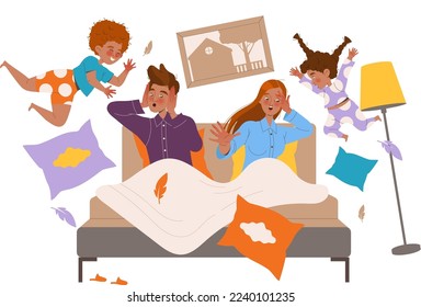Naughty Hyperactive Children Characters Making Mess Jumping on Parent Bed Vector Illustration