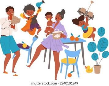 Naughty Hyperactive Children Characters Making Mess Vector Illustration
