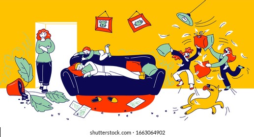 Niños traviesos e hiperactivos peleando, niños y niñas jugando y haciendo desorden, alrededor de un padre durmiente. Niños engañados y peleándose con almohadas, mal comportamiento. Ilustración de vectores planos de caricatura, arte de línea