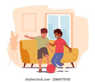 Naughty Hyperactive Children Playing Football at Home. Little Boys Friends or Brothers Playing Soccer, Making Mess in Room. Kids Fooling, Game Fun, Sparetime Recreation. Cartoon Vector Illustration