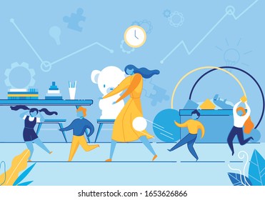 Naughty Hyperactive Children Playing and Making Mess in Kindergarten Classroom, Confused Teacher Trying to Calm Down Little Kids Fighting, Jumping Running and Fooling, Cartoon Flat Vector Illustration