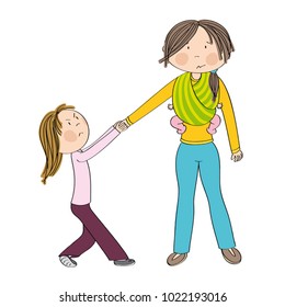 Naughty jealous little girl fighting mother's attention, tugging her hand, behaving bad. Mum carrying second child, little baby girl, in baby sling. Sibling rivalry. Original hand drawn illustration.
