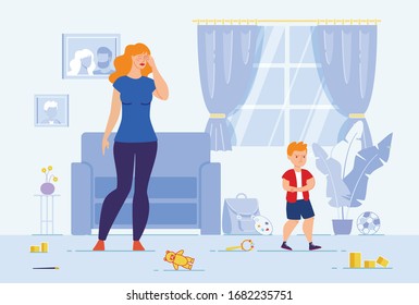 Naughty Kid, Child Discipline Difficulties, Parents Relationship With Child Concept. Tired Mother Standing In Messy Living Room, Parent Suffering From Son Bad Behavior Trendy Flat Vector Illustration