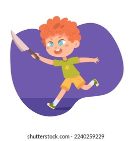 Naughty kid playing with knife vector illustration. Cartoon mischievous adorable boy running and holding sharp kitchen knife to play pirates, risk of injury to child and dangerous situation at home