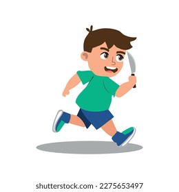 Naughty kid playing with knife vector illustration. Cartoon mischievous adorable boy running and holding sharp kitchen knife to play pirates, risk of injury to child and dangerous situation at home.