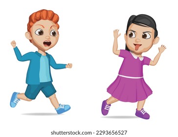 naughty kid run and show grimace face to angry friend