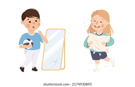 Naughty Kids Set. Boy Broken Mirror With Ball, Girl Fighting With Pillow Cartoon Vector Illustration