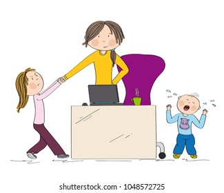 Naughty kids (sibling) fighting mother's attention. Jealous girl tugging her hand, little toddler boy crying. Mum wants to work on her laptop but they won't let her. Hand drawn illustration.