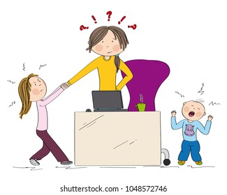 Naughty kids (sibling) fighting mother's attention. Jealous girl tugging her hand, little toddler boy crying. Mum wants to work on her laptop but they won't let her. Hand drawn illustration.