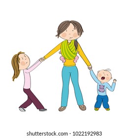 Naughty kids (siblings) fighting mother's attention, jealous girl tugging her mother's hand, little toddler boy crying. Mum carrying third child, little baby in baby sling. Hand drawn illustration.