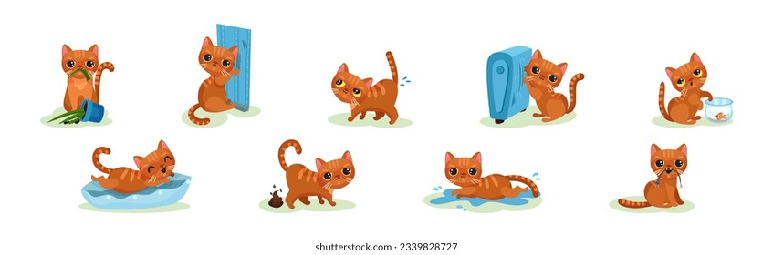 Naughty Kitten in Different Situation as Mischievous Domestic Pet Vector Set