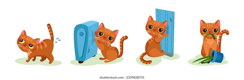 Naughty Kitten in Different Situation as Mischievous Domestic Pet Vector Set