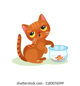 Naughty kitten trying to catch aquarium fish, mischievous cute little cat vector Illustration on a white background