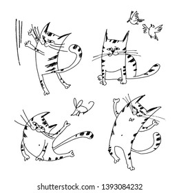 Naughty kittens sketch vector illustrations set. Doodle playful, cute cats characters. Happy pet scratching wall, play with mouse and catch birds collection. Outline hand drawn cats isolated cliparts