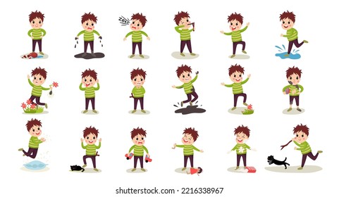 Naughty Little Boy with Bad Behavior Making Mess Around Vector Sets
