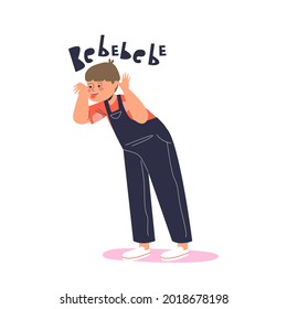 Naughty little boy grimacing making funny faces not listen and disobey. Small kid with bad behavior make noise sounds. Cartoon flat vector illustration