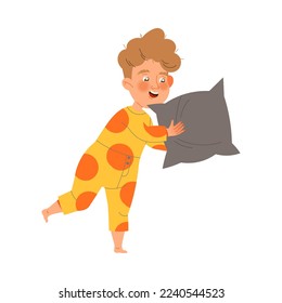 Naughty Little Boy Pillow Fighting Making Mess and Chaos Around Vector Illustration