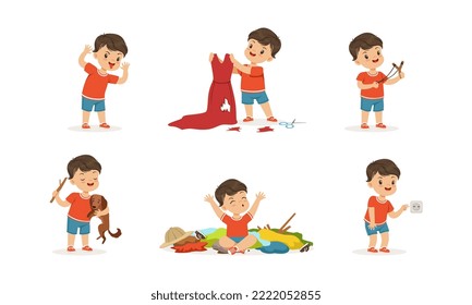 Naughty Little Boy Playing Games and Making Mess Around Vector Set