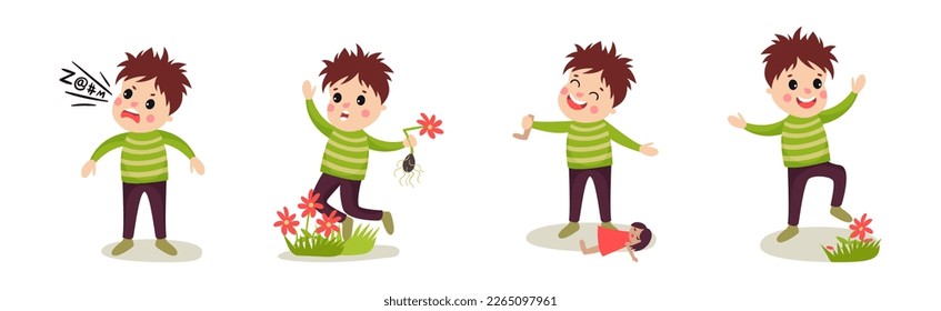 Naughty Little Boy Playing and Misbehaving Vector Set