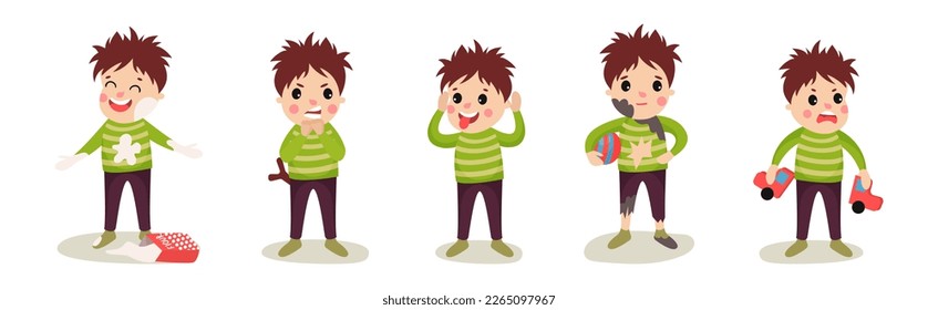 Naughty Little Boy Playing and Misbehaving Vector Set