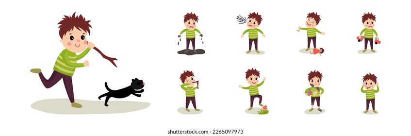 Naughty Little Boy Playing and Misbehaving Vector Set