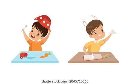 Naughty Little Boy Putting Bowl on His Head and Flying Paper Plane Vector Set