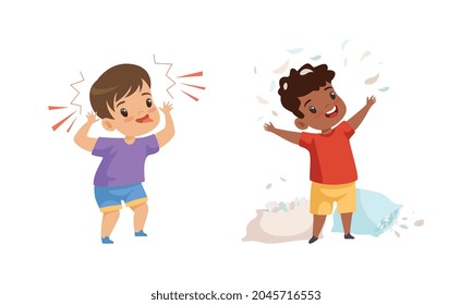 Naughty Little Boy Showing Grimace and Tongue and Tearing Pillow Vector Set