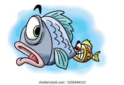 Naughty little cartoon fish biting his mother's tail vector illustration