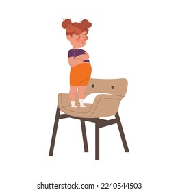 Naughty Little Girl with Grumpy Face Standing on Chair with Folded Arms Vector Illustration