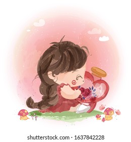A naughty little girl with a heart shaped glass bottle The interior is full of bright red roses.