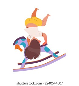 Naughty Little Girl Somersaulting on Rocking Horse Making Mess and Chaos Around Vector Illustration
