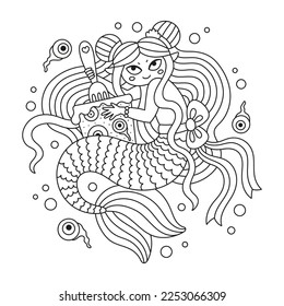 Naughty little mermaid. Funny fish girl with sweets. Scary jelly with eyes. Fantasy evil sea creature. Coloring page. Cartoon vector illustration. Isolated on white. Outlined drawing. Black lines